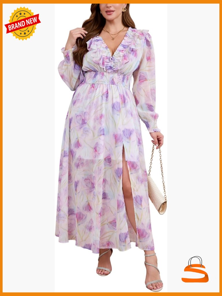 Floral V Neck Long Sleeve Maxi Dress With Slit, Plus Size A Line, Curvy